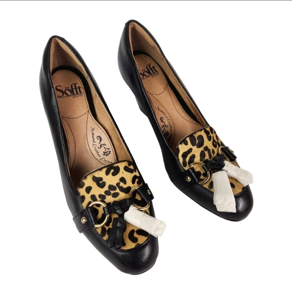 Sofft Aldora Black Leather Tassel Leopard Cow Hair Pumps Heels Shoes 8M NWOB